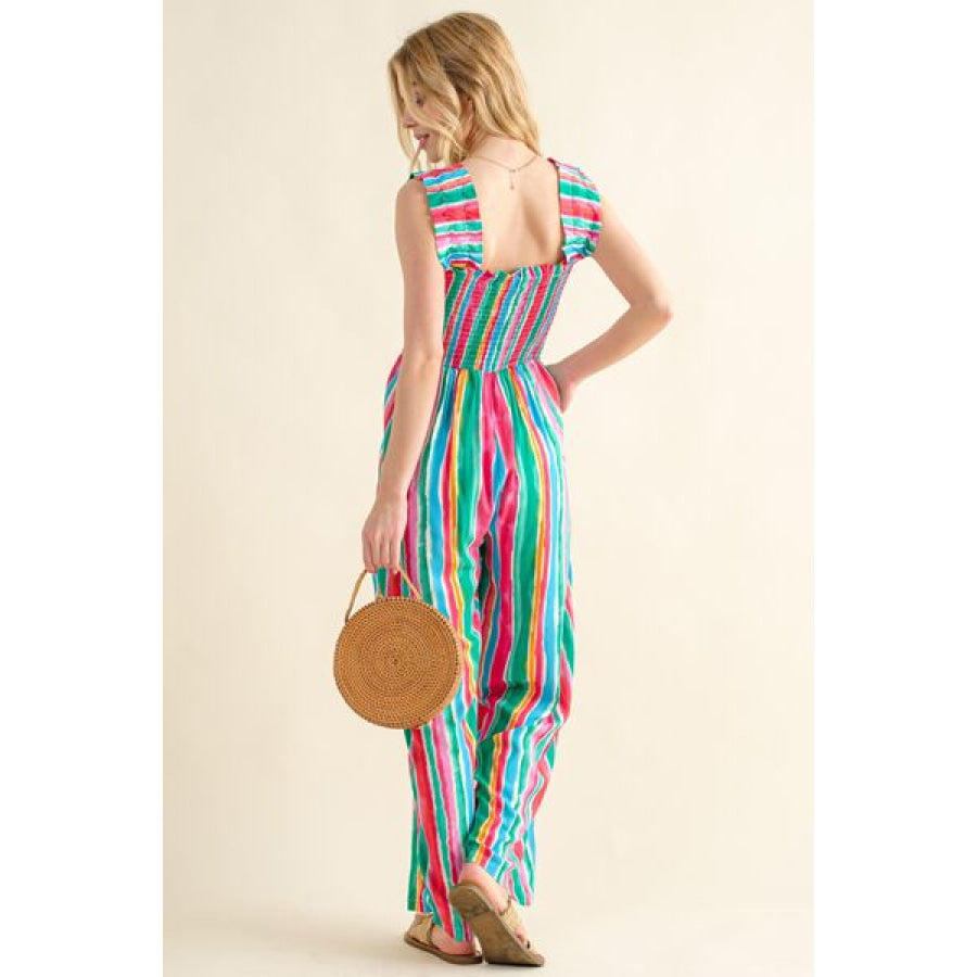 And The Why Full Size Striped Smocked Sleeveless Jumpsuit STRIPE / S Apparel Accessories