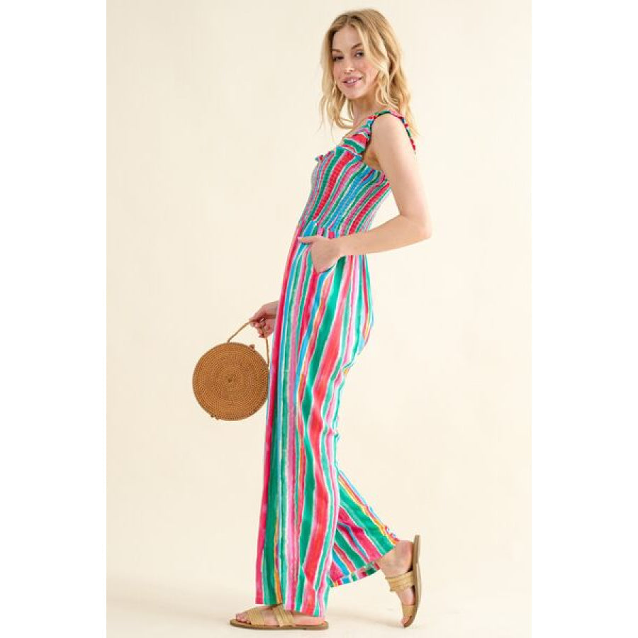 And The Why Full Size Striped Smocked Sleeveless Jumpsuit Apparel Accessories