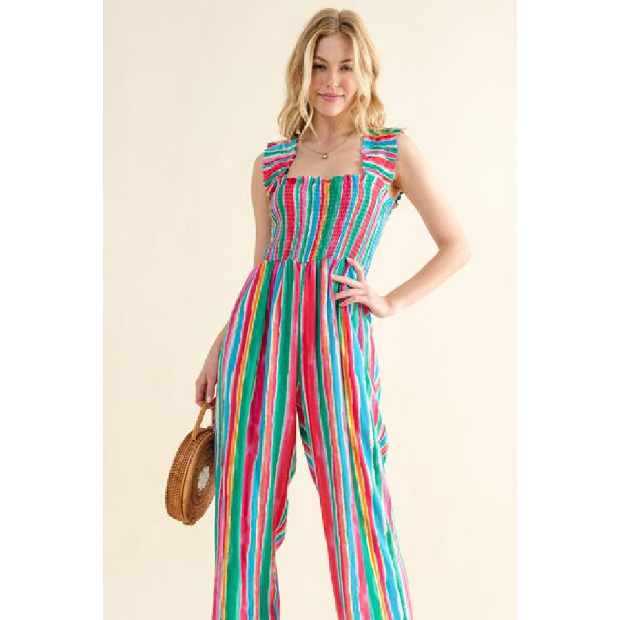 And The Why Full Size Striped Smocked Sleeveless Jumpsuit Apparel Accessories