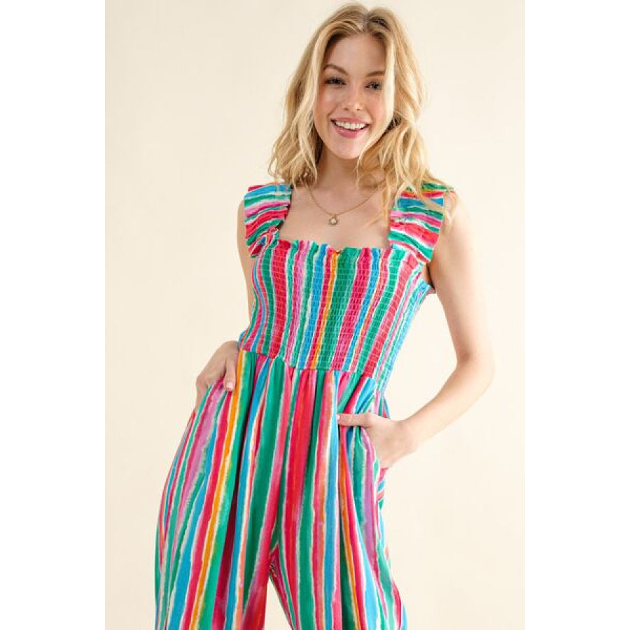 And The Why Full Size Striped Smocked Sleeveless Jumpsuit Apparel Accessories