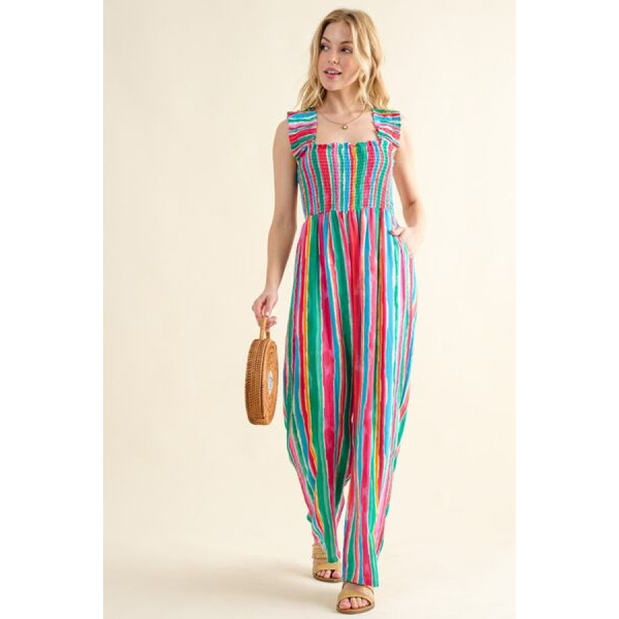 And The Why Full Size Striped Smocked Sleeveless Jumpsuit STRIPE / S Apparel Accessories