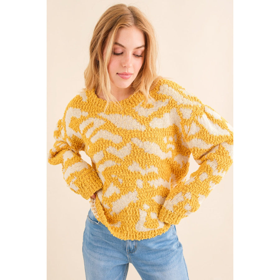 And The Why Full Size Textured Pattern Contrast Sweater Mustard / S/M Apparel and Accessories