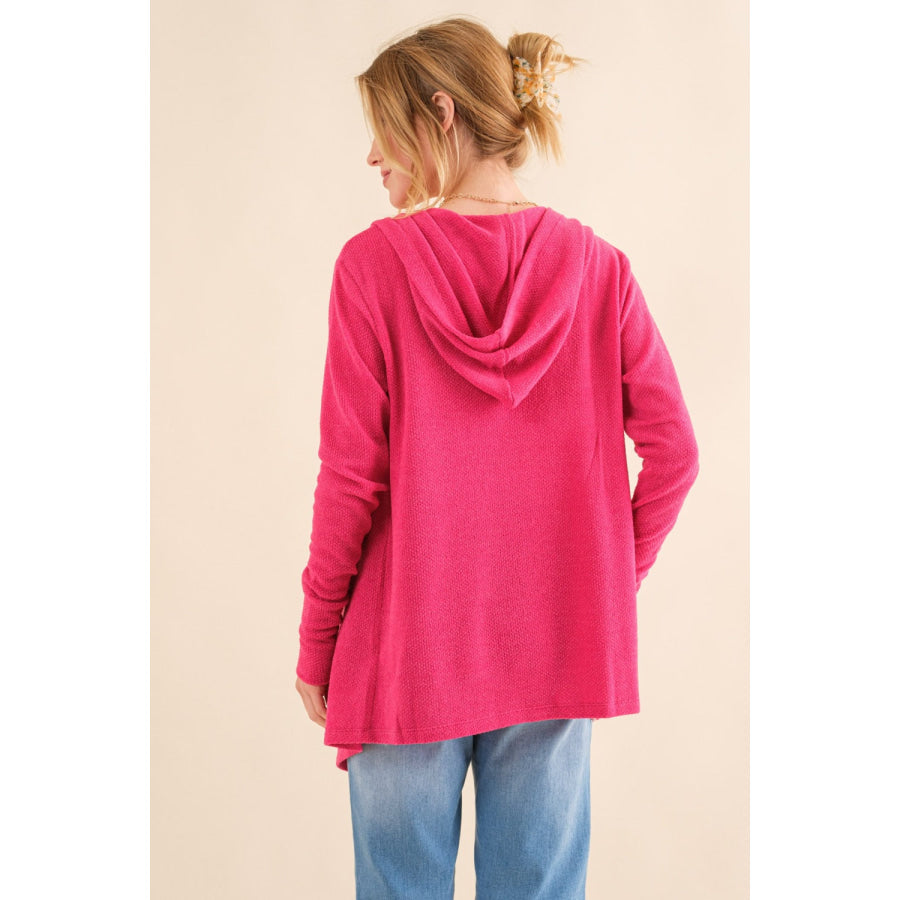 And The Why Full Size Thermal Hooded Open Front Cardigan with Pockets Fuchsia / S Apparel and Accessories