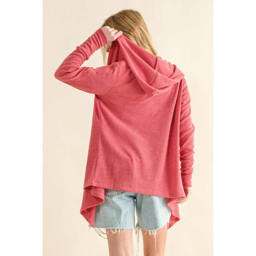 And The Why Full Size Thermal Hooded Open Front Cardigan with Pockets Rose Pink / S Apparel and Accessories