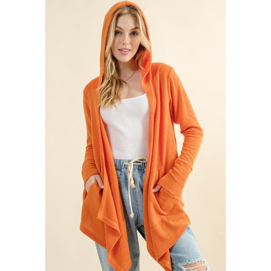And The Why Full Size Thermal Hooded Open Front Cardigan with Pockets Dusty Coral / S Apparel and Accessories