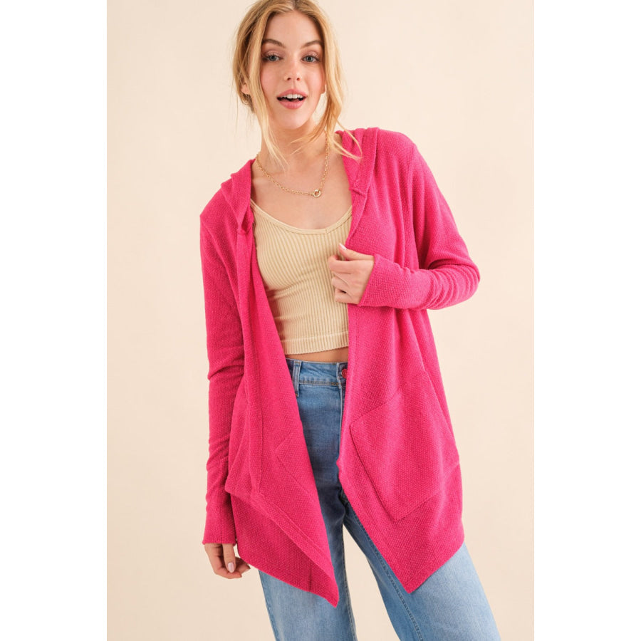 And The Why Full Size Thermal Hooded Open Front Cardigan with Pockets Fuchsia / S Apparel and Accessories