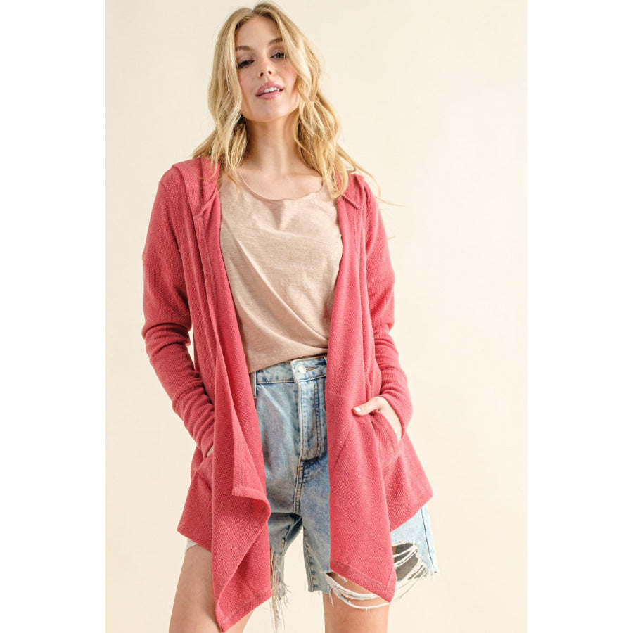 And The Why Full Size Thermal Hooded Open Front Cardigan with Pockets Rose Pink / S Apparel and Accessories