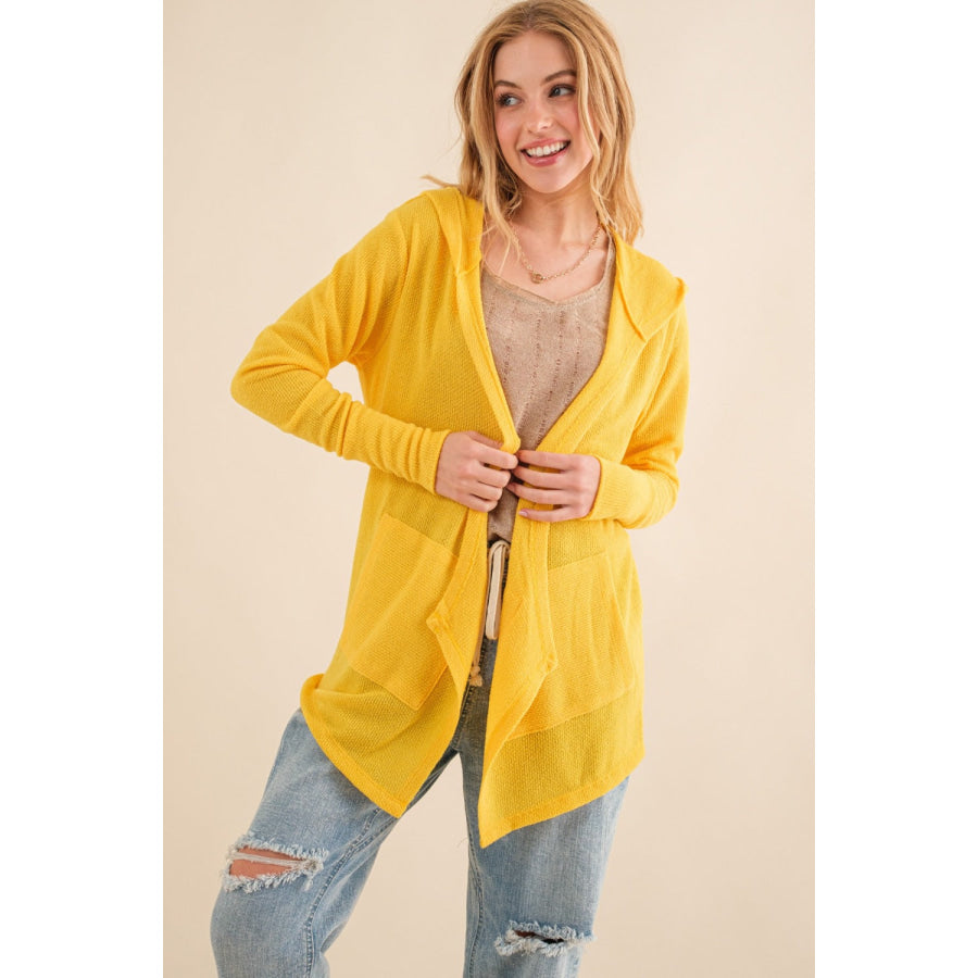 And The Why Full Size Thermal Hooded Open Front Cardigan with Pockets Vivid Yellow / S Apparel and Accessories