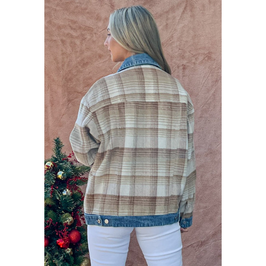 And The Why Full Size Washed Denim Detail Brushed Plaid Jacket Multi / S Apparel and Accessories