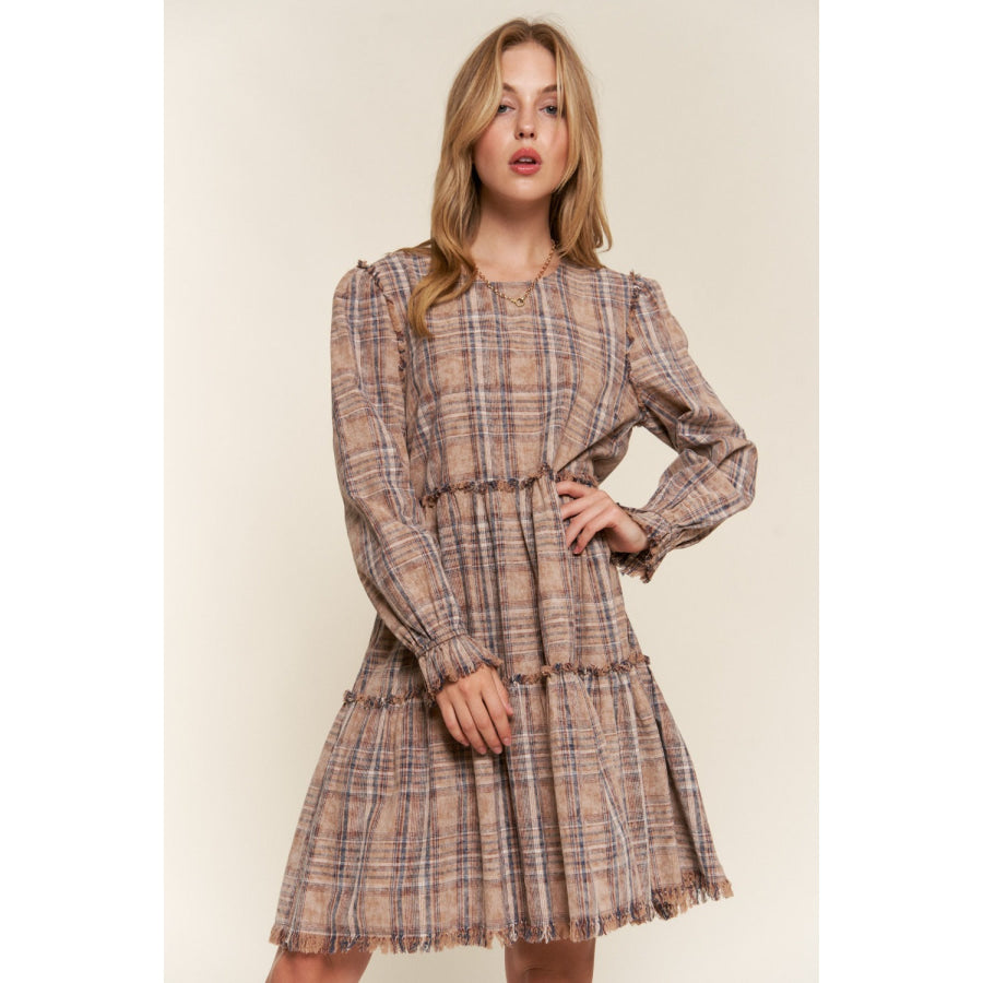 And The Why Full Size Washed Frayed Tiered Plaid Dress Apparel and Accessories