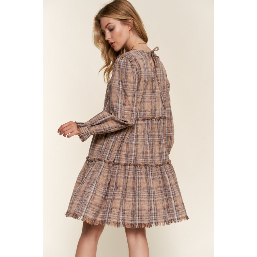 And The Why Full Size Washed Frayed Tiered Plaid Dress Apparel and Accessories