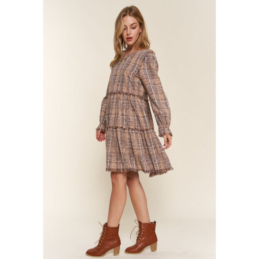 And The Why Full Size Washed Frayed Tiered Plaid Dress Apparel and Accessories