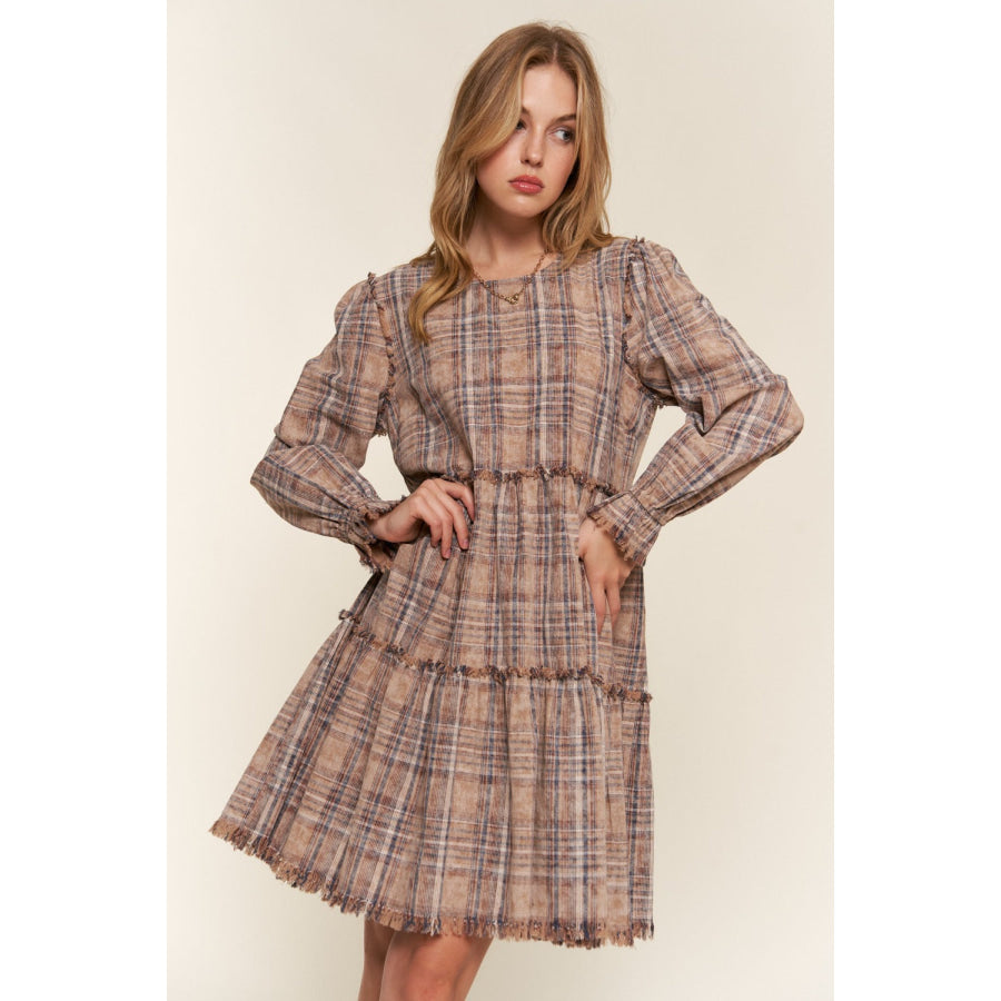 And The Why Full Size Washed Frayed Tiered Plaid Dress Brown / S Apparel and Accessories