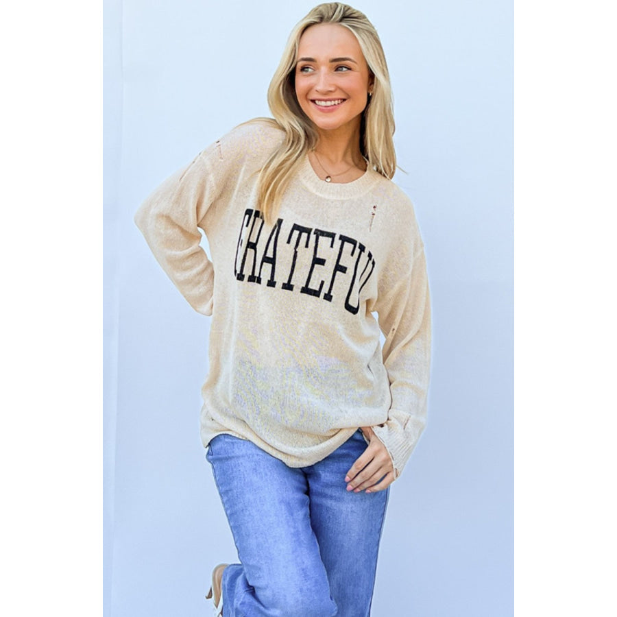 And The Why GRATEFUL Long Sleeve Knit Top Beige / S/M Apparel and Accessories