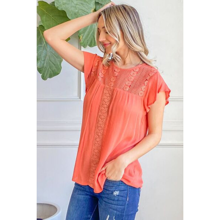 And The Why Lace Detail Ruffle Short Sleeve Blouse CORAL / S Apparel Accessories