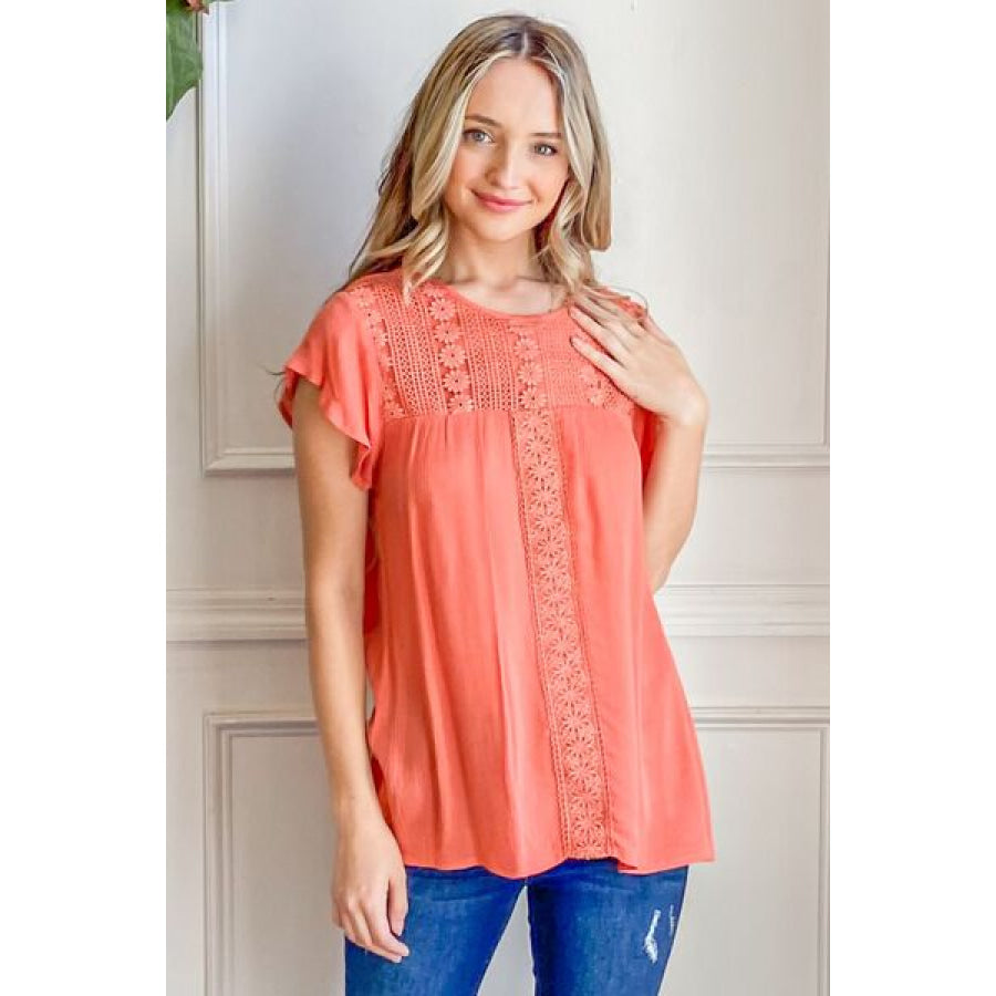 And The Why Lace Detail Ruffle Short Sleeve Blouse CORAL / S Apparel Accessories