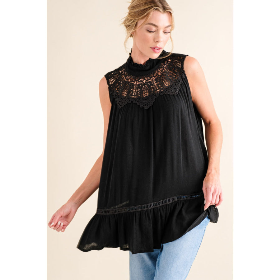 And The Why Lace Detail Sleeveless Ruffled Top Black / S Apparel and Accessories