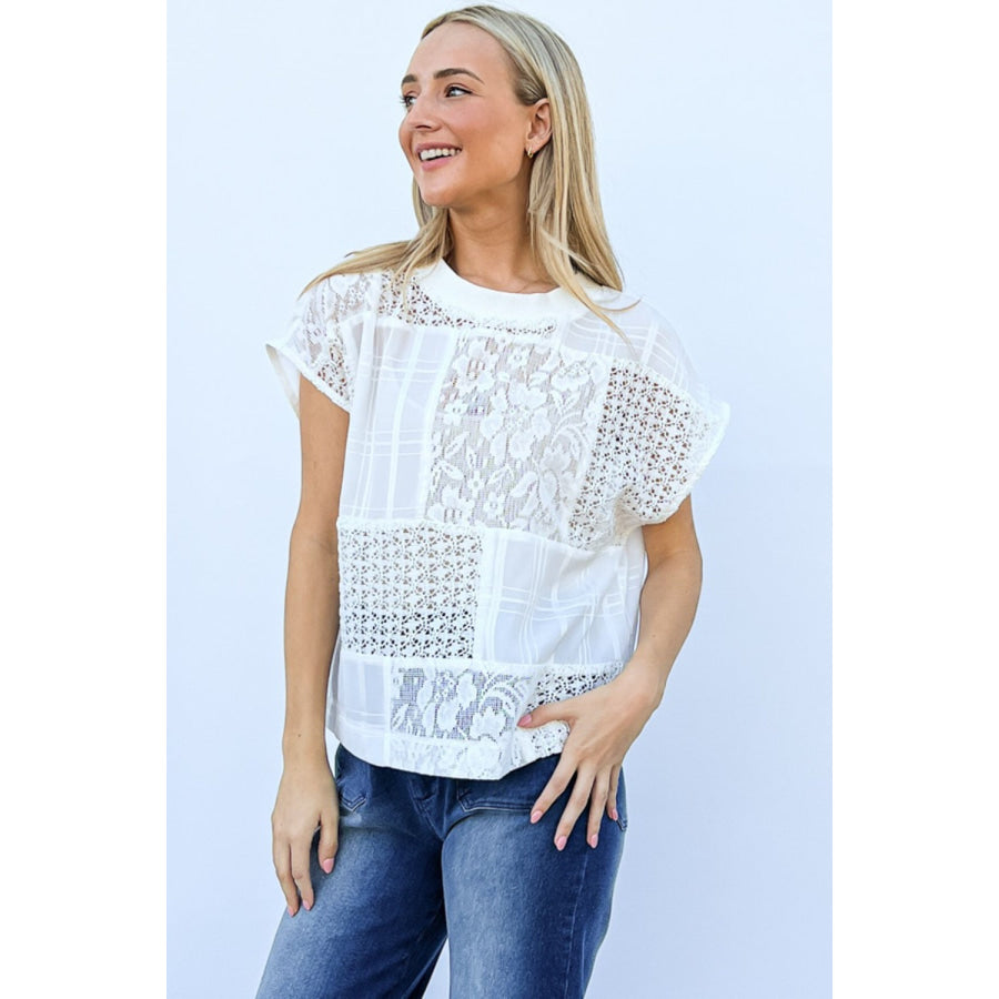 And The Why Lace Patchwork Short Sleeve Top Cami Set White / S Apparel Accessories