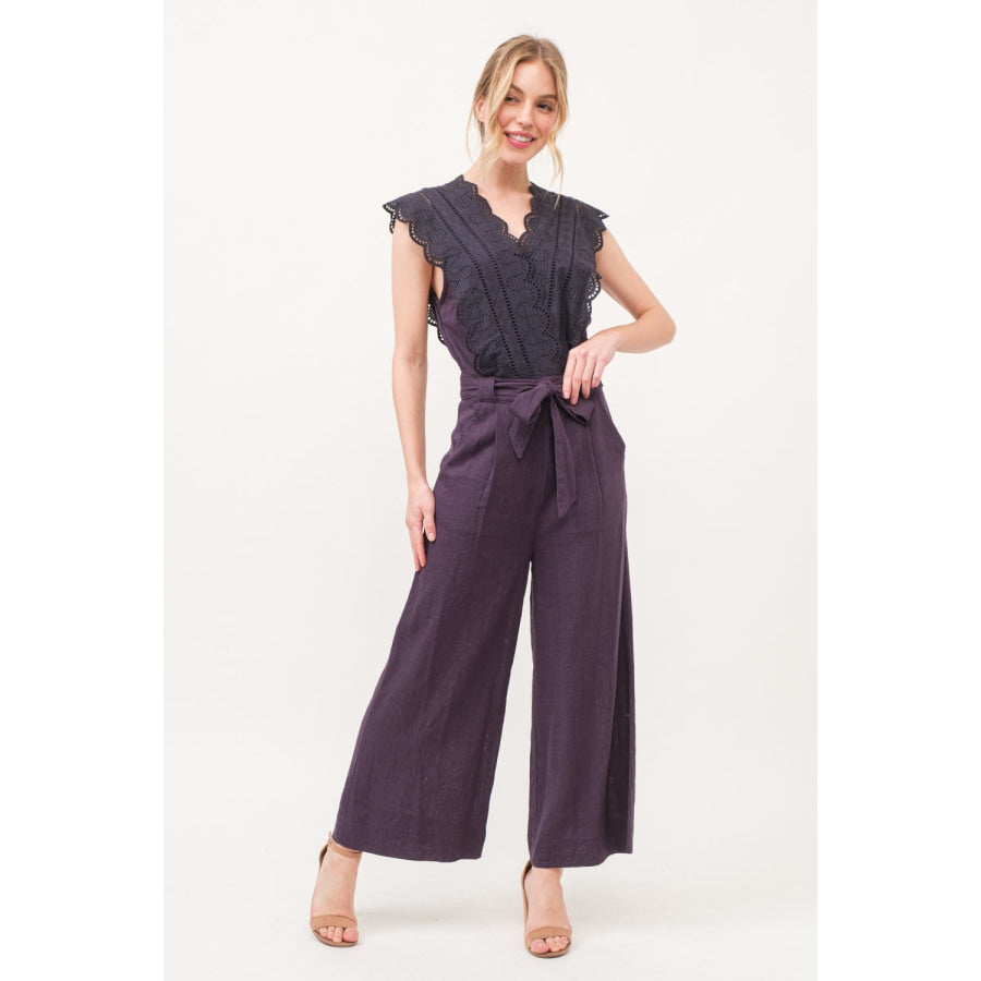 And The Why Laced Surplice Tie Waist Jumpsuit Purple / S Apparel and Accessories