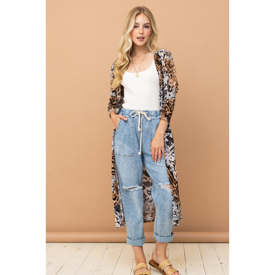 And The Why Leopard Kimono Open Front Longline Cardigan Leopard / S Apparel and Accessories