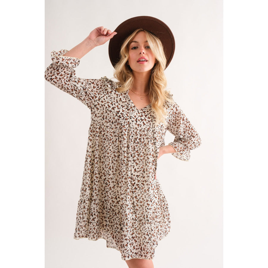 And The Why Leopard Ruffle Hem Woven Mini Dress Ivory / S Apparel and Accessories