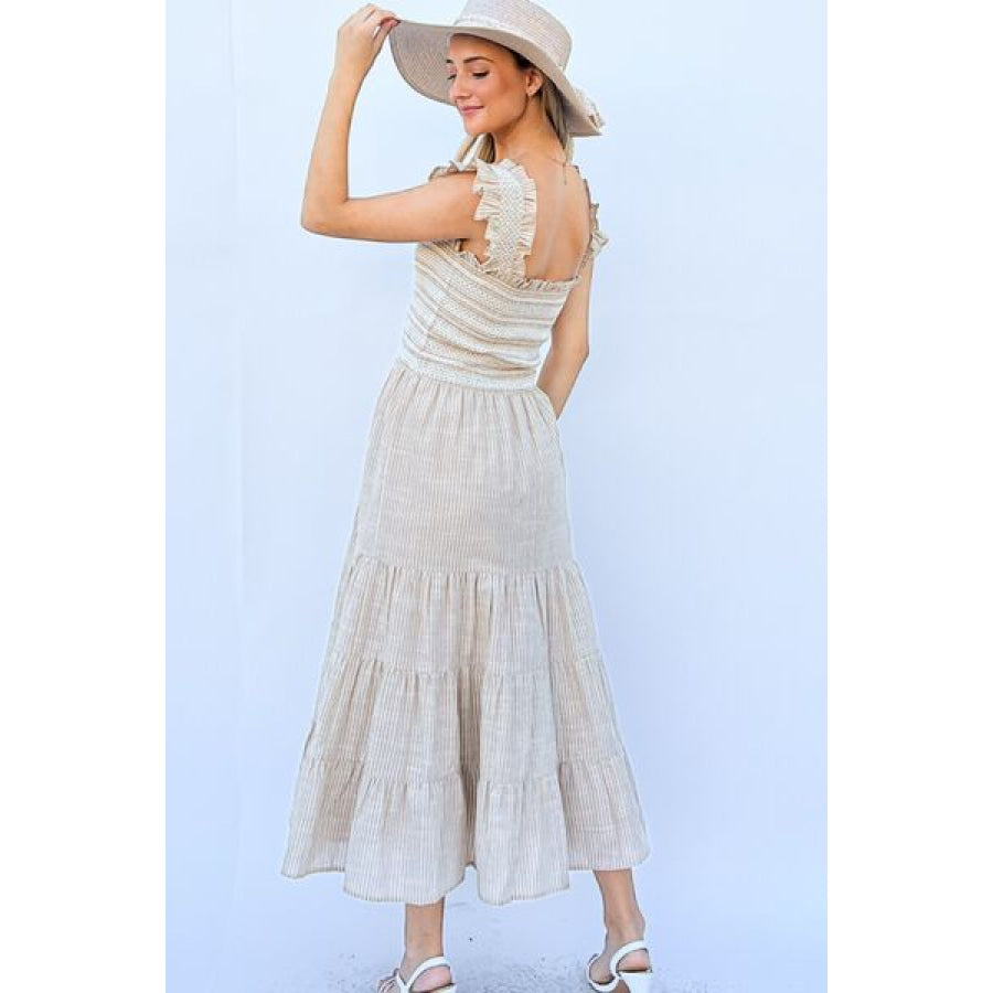And The Why Linen Striped Ruffle Dress NATURAL / S Apparel Accessories