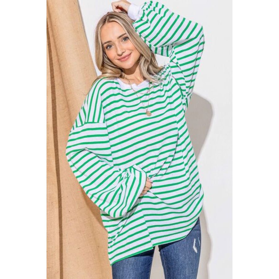 And The Why Oversized Striped Balloon Sleeve Top GREEN / S Apparel Accessories