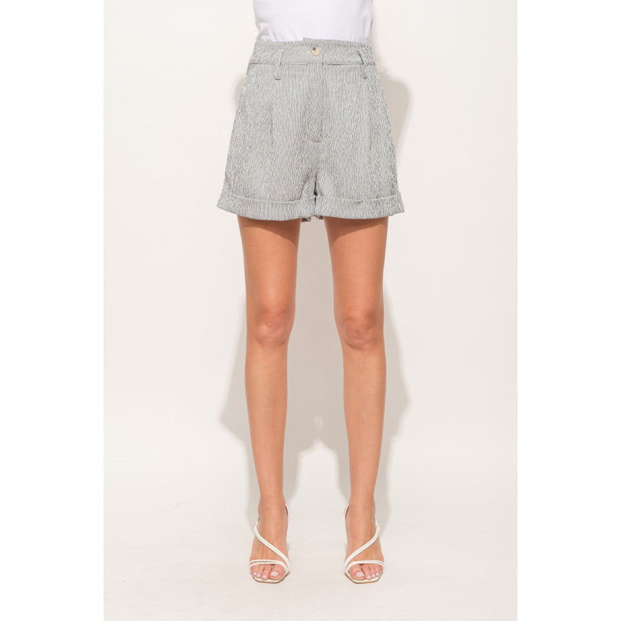 And The Why Pin Striped High Waist Rolled Shorts NAVY / S Apparel and Accessories