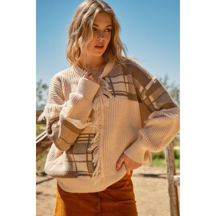 And The Why Plaid Pattern Color Block Fringe Sweater SAND / S/M Apparel Accessories