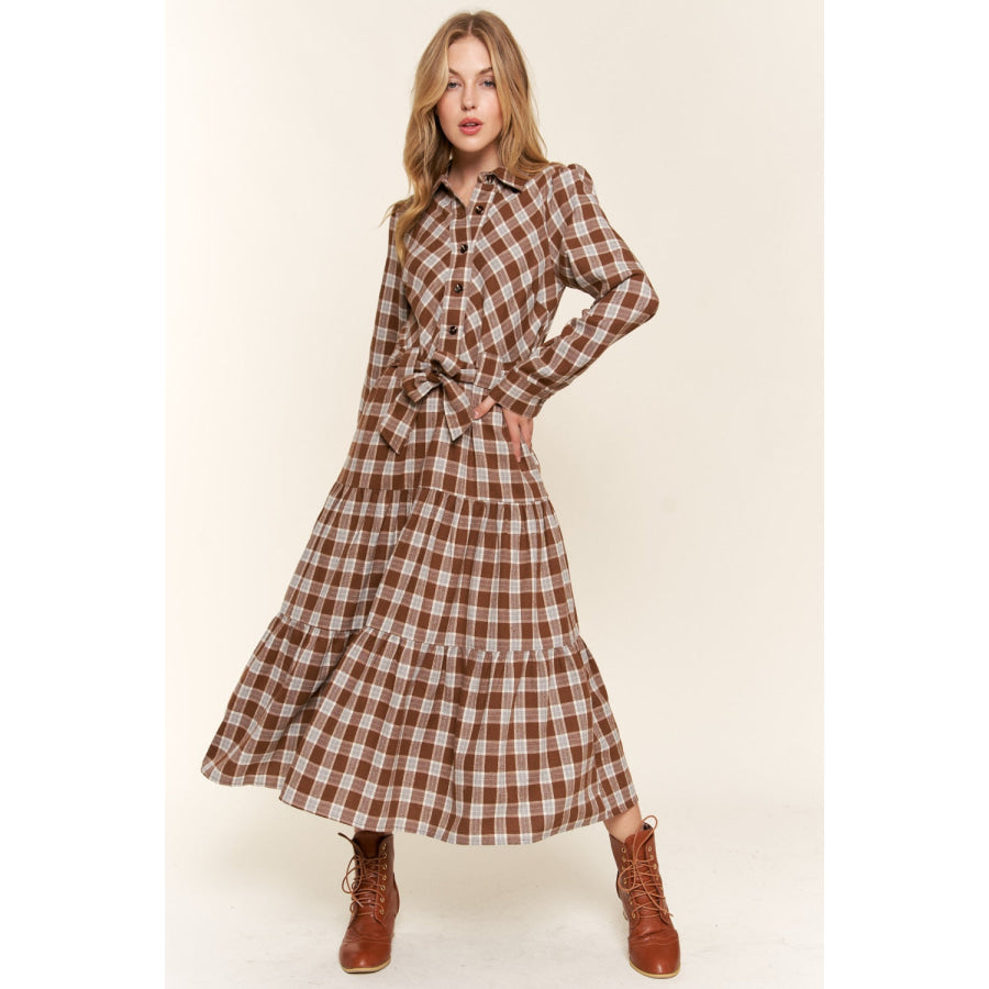 And the Why Plaid Tiered Midi Shirt Dress Brown / S Apparel and Accessories