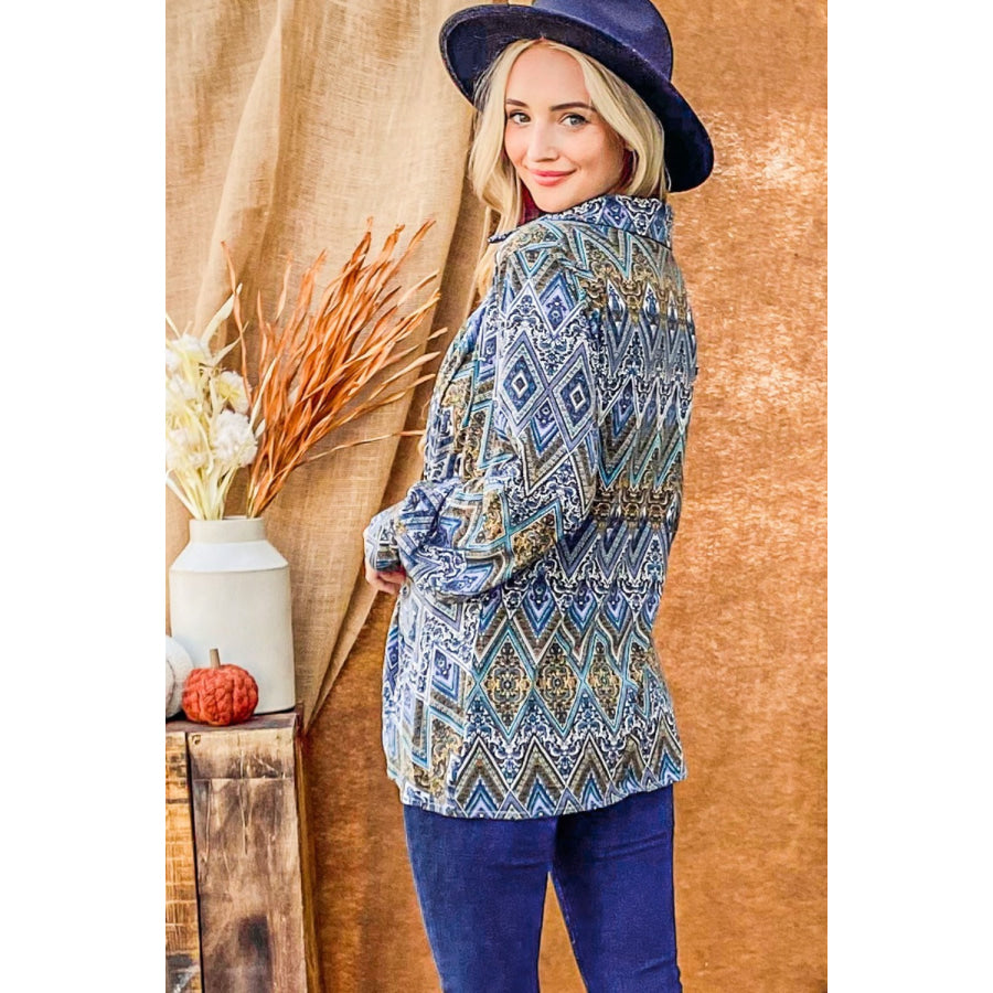 And The Why Print Twist Knot Long Sleeve Blouse French Blue / S Apparel and Accessories