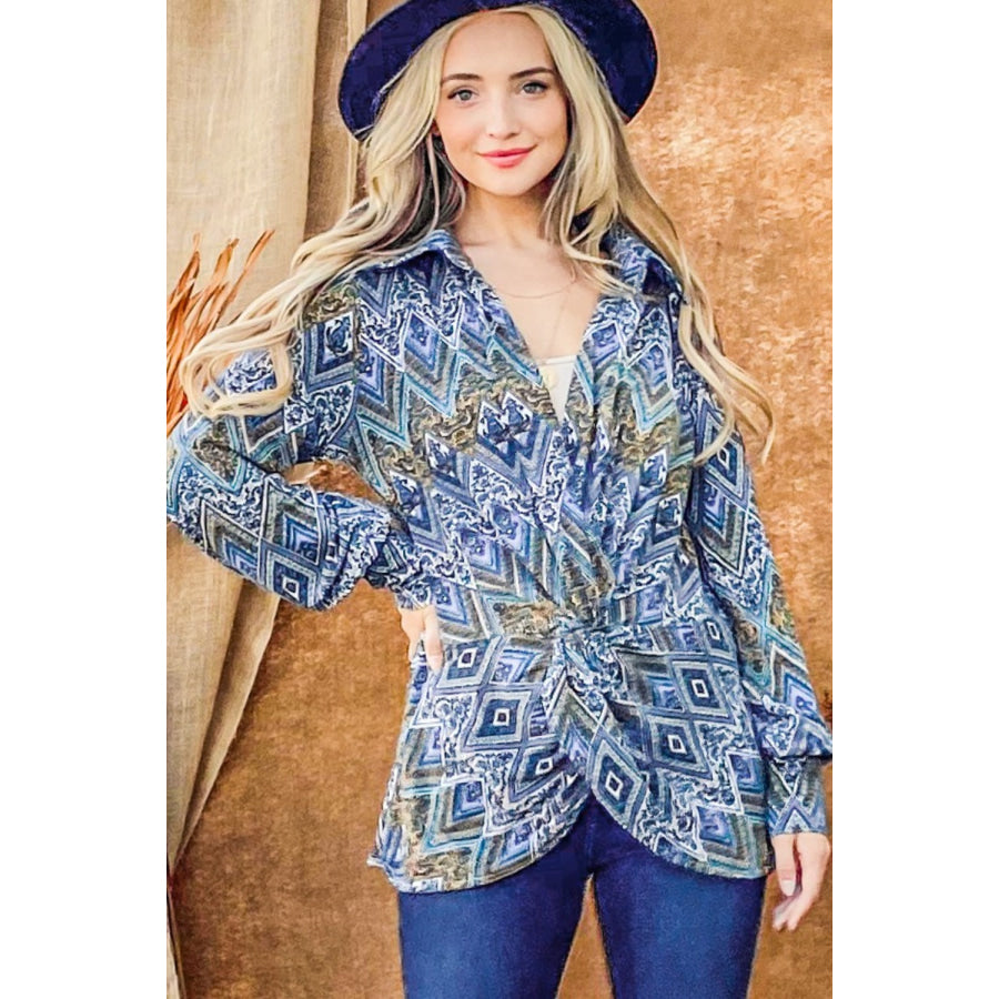 And The Why Print Twist Knot Long Sleeve Blouse French Blue / S Apparel and Accessories