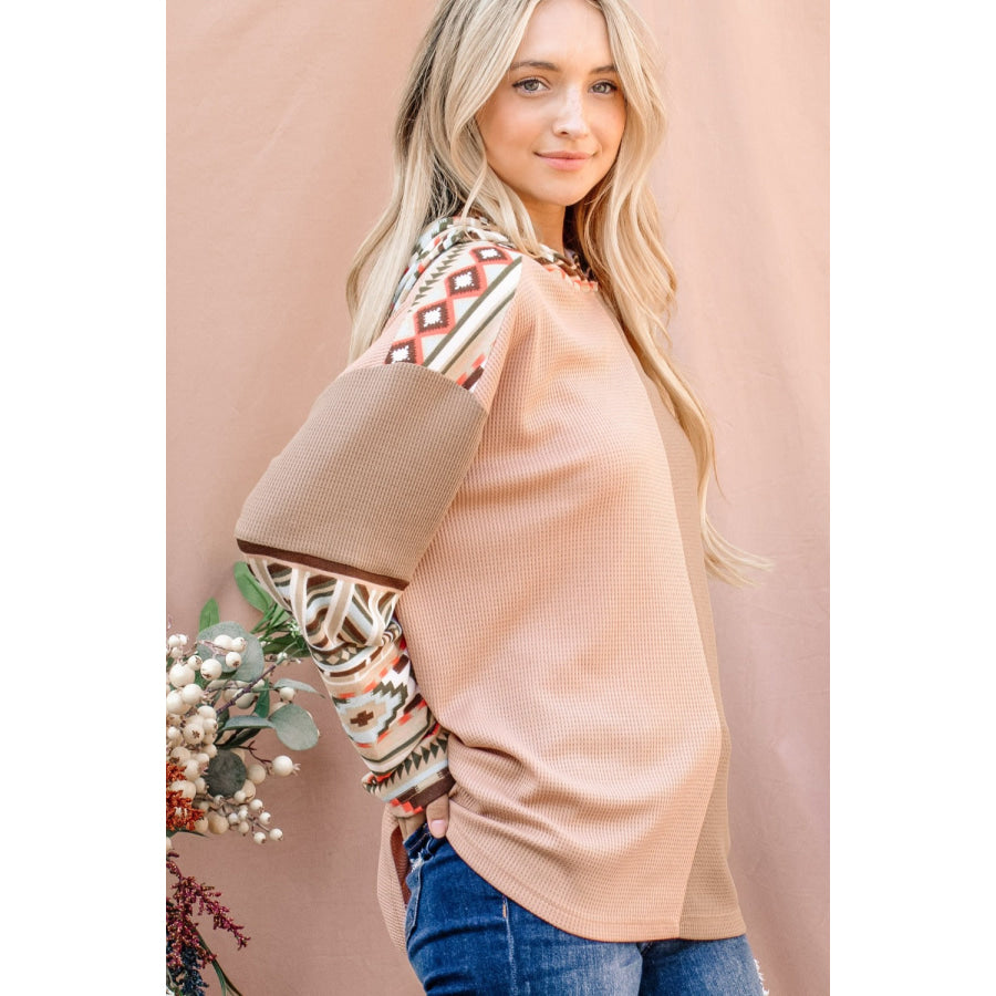 And The Why Printed Color Block Hooded Waffle Top Apparel and Accessories