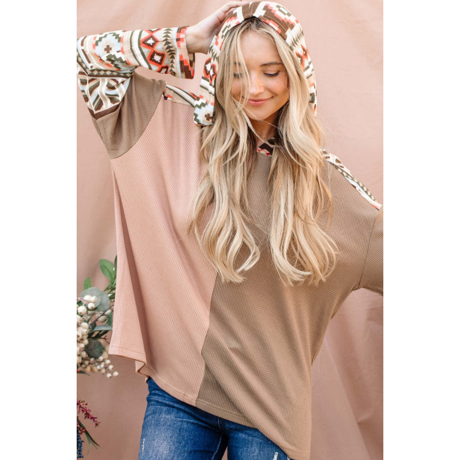 And The Why Printed Color Block Hooded Waffle Top Apparel and Accessories