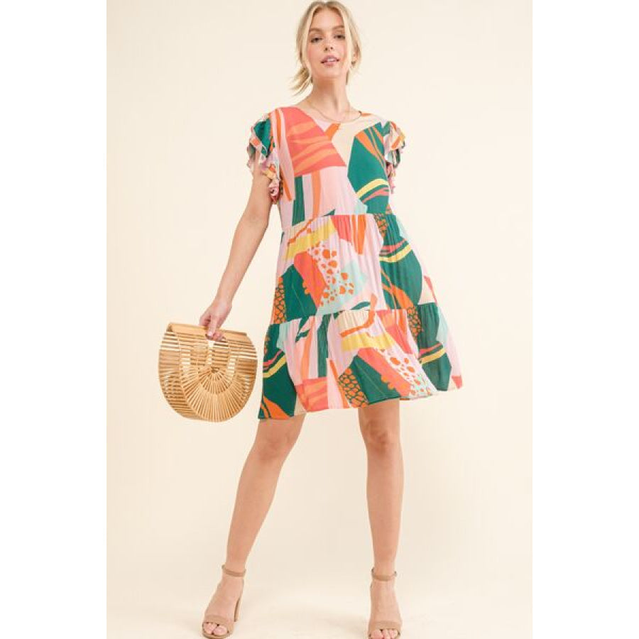 And The Why Printed Double Ruffle Sleeve Dress Apparel Accessories