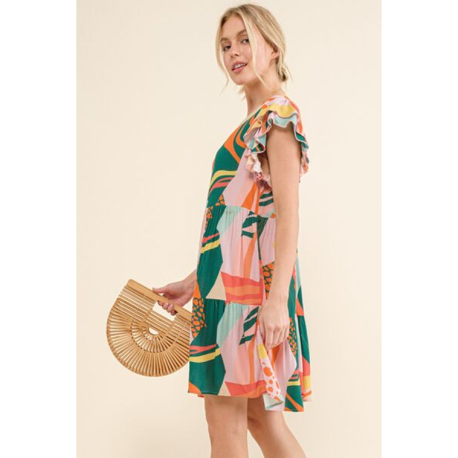 And The Why Printed Double Ruffle Sleeve Dress GREENERY / S Apparel Accessories