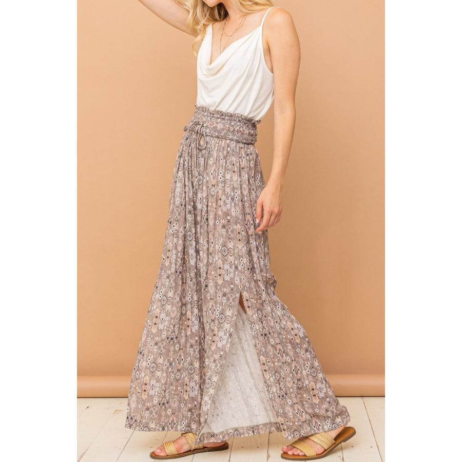 And The Why Printed Smocked Waist Slit Wide Leg Pants Grey / S Apparel Accessories