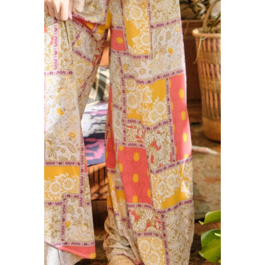 And The Why Printed Smocking Waist Side Slit Wide Leg Pants Apparel Accessories