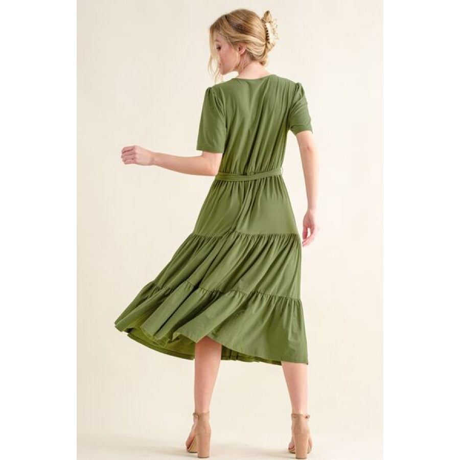 And The Why Soft Short Sleeve Tiered Midi Dress GREEN / S Apparel Accessories