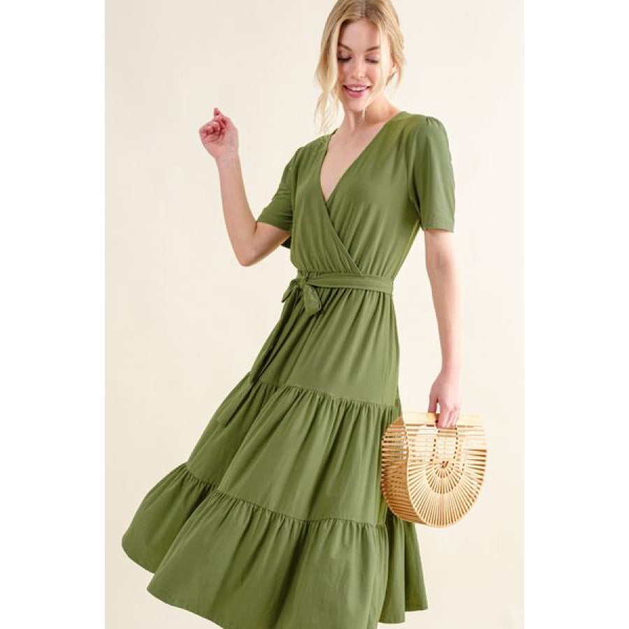 And The Why Soft Short Sleeve Tiered Midi Dress GREEN / S Apparel Accessories