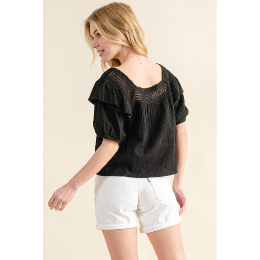And The Why Square Neck Cotton Gauze Ruffled Blouse BLACK / S Apparel Accessories