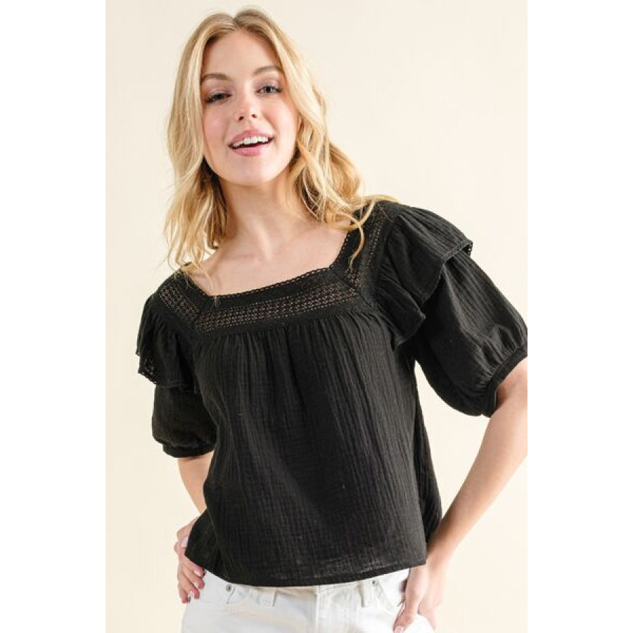 And The Why Square Neck Cotton Gauze Ruffled Blouse BLACK / S Apparel Accessories
