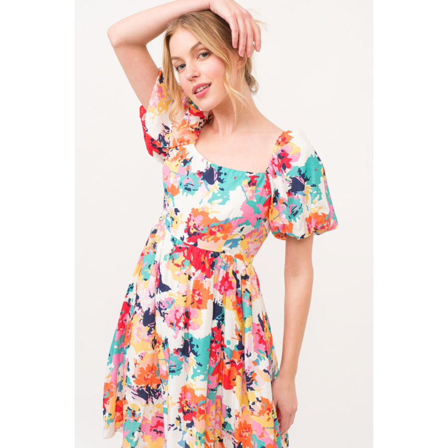 And The Why Square Neck Puff Sleeve Floral Dress Apparel and Accessories