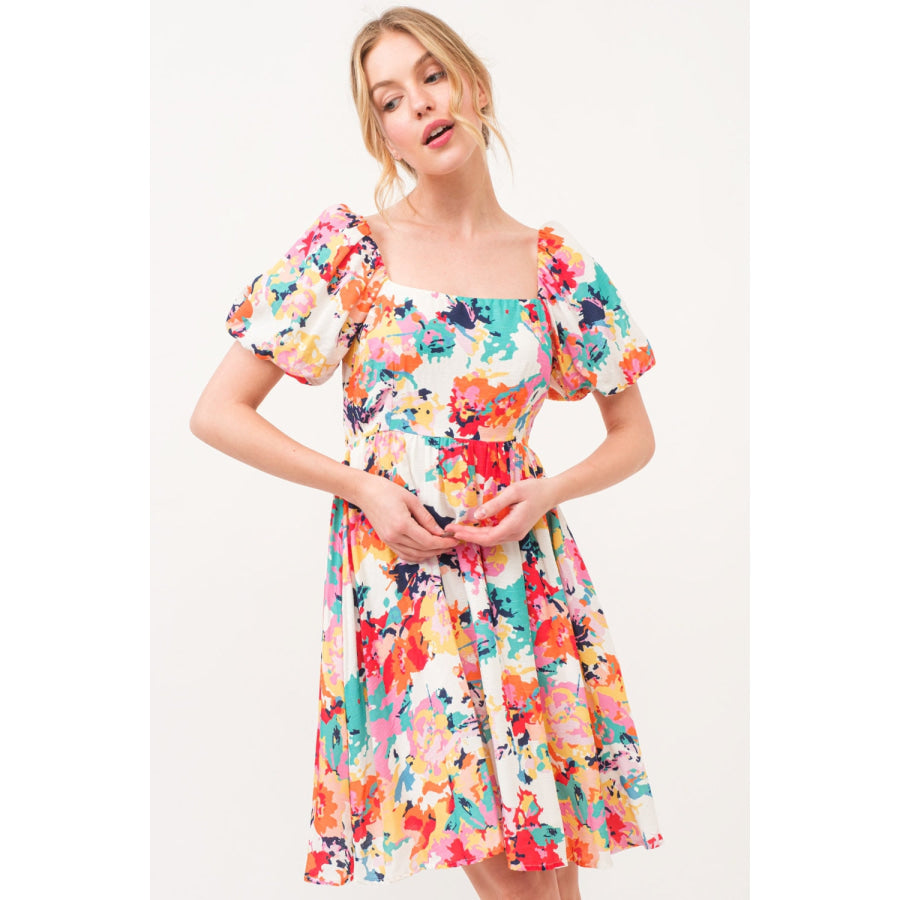 And The Why Square Neck Puff Sleeve Floral Dress Apparel and Accessories