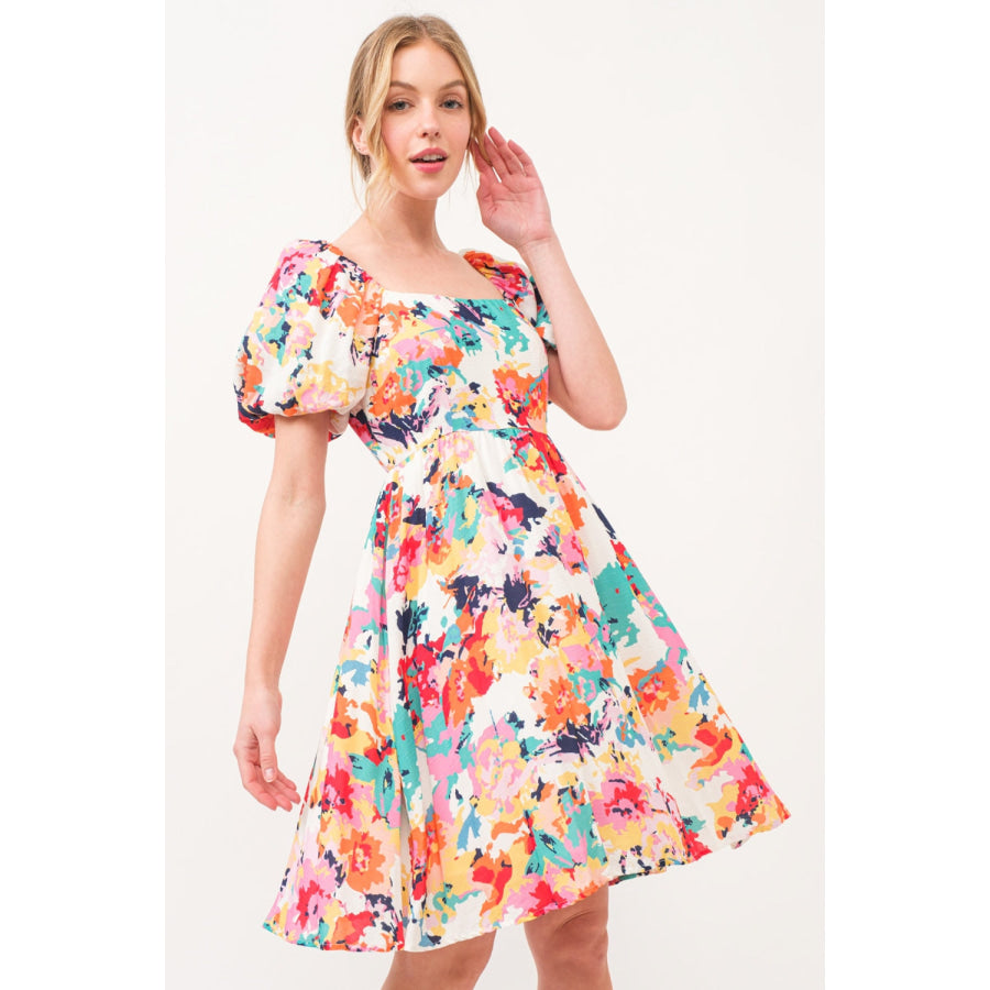 And The Why Square Neck Puff Sleeve Floral Dress Multi / S Apparel and Accessories