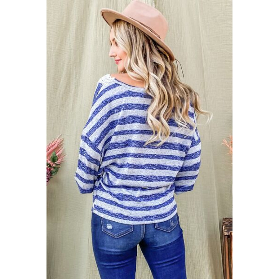 And The Why Striped Lace Detail V Neck Top BLUE / S Apparel Accessories