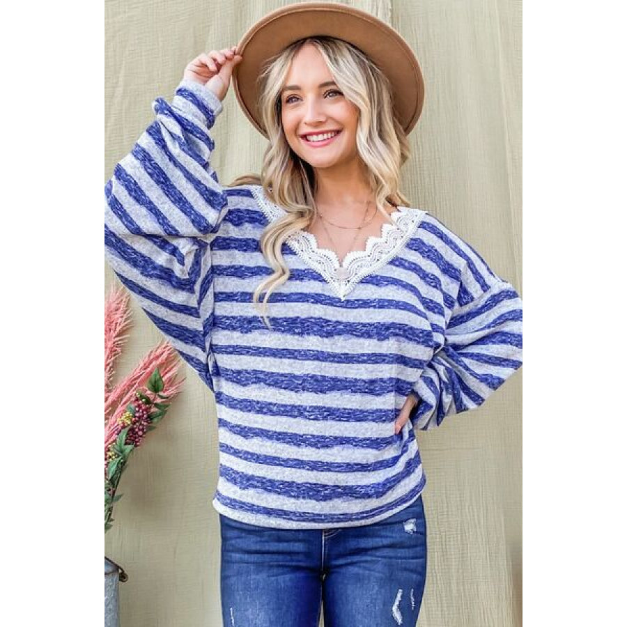 And The Why Striped Lace Detail V Neck Top BLUE / S Apparel Accessories