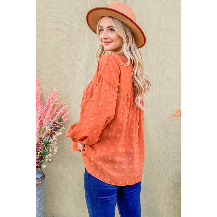 And The Why Swiss Dot V Neck Balloon Sleeve Woven Blouse Rust / S Apparel and Accessories