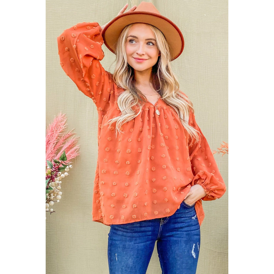 And The Why Swiss Dot V Neck Balloon Sleeve Woven Blouse Rust / S Apparel and Accessories