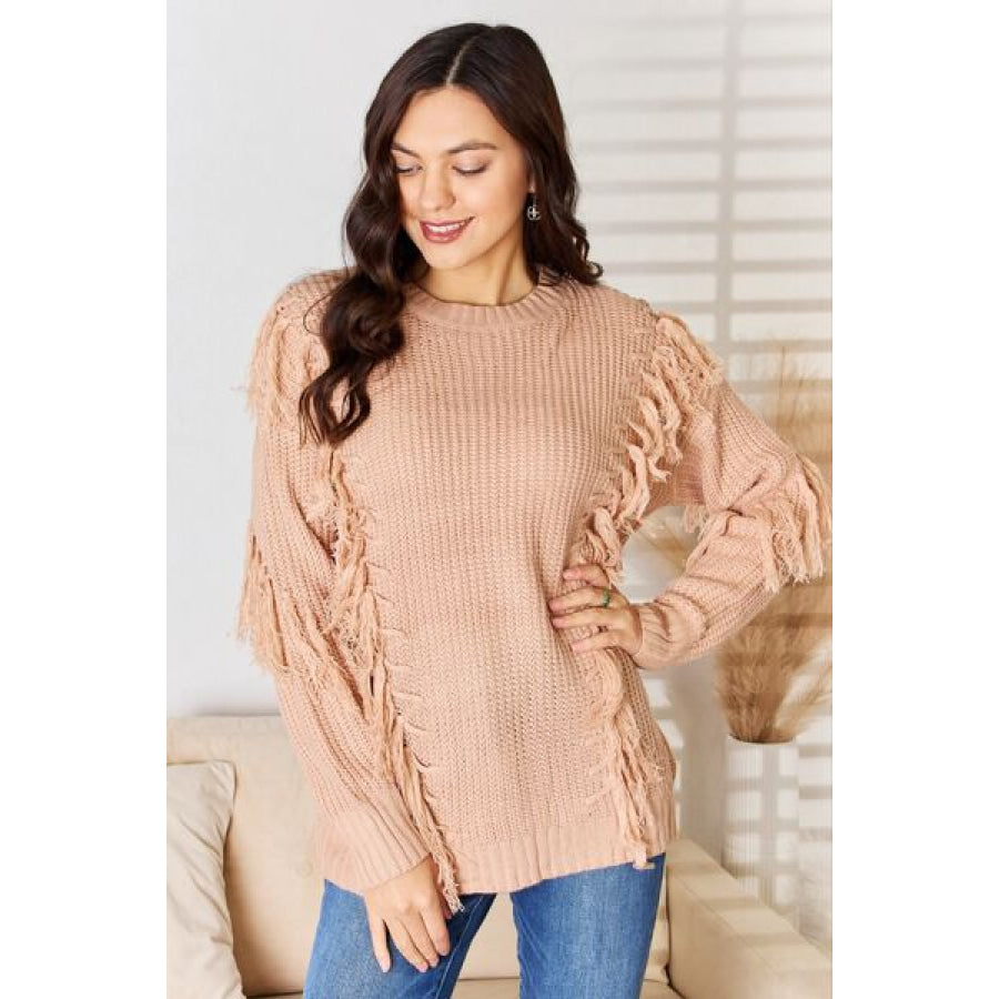 And The Why Tassel Detail Long Sleeve Sweater DUSTY PINK / S/M Apparel Accessories
